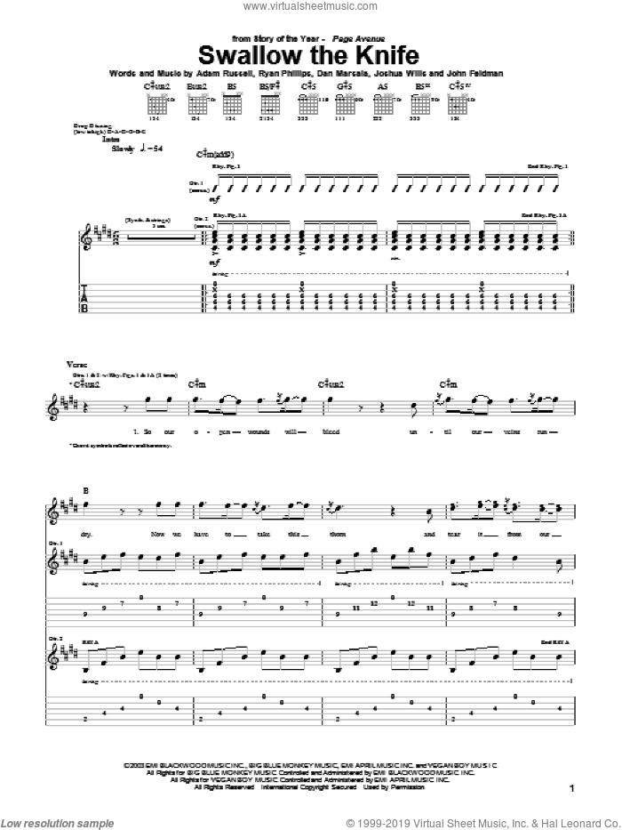 Swallow The Knife sheet music for guitar (tablature) by Story Of The Year, Adam Russell, Dan Marsala and Ryan Phillips, intermediate skill level