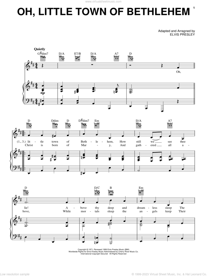 Oh, Little Town Of Bethlehem sheet music for voice, piano or guitar by Elvis Presley and Miscellaneous, intermediate skill level