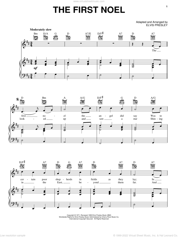 The First Noel sheet music for voice, piano or guitar by Elvis Presley and Miscellaneous, intermediate skill level