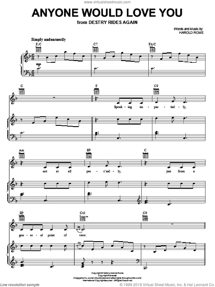 Anyone Would Love You sheet music for voice, piano or guitar by Harold Rome, intermediate skill level