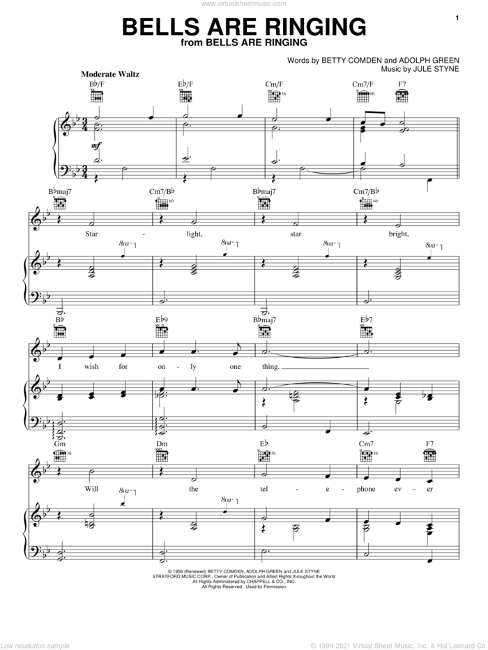 Bells Are Ringing sheet music for voice, piano or guitar by Jule Styne, Adolph Green and Betty Comden, intermediate skill level