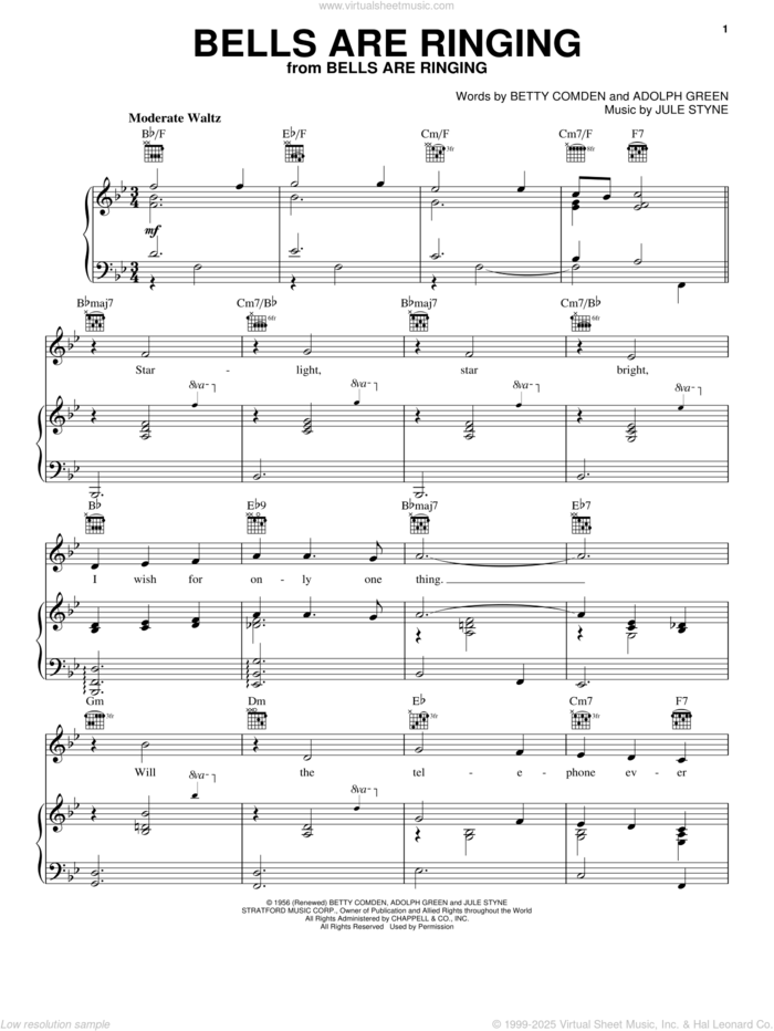 Bells Are Ringing sheet music for voice, piano or guitar by Jule Styne, Adolph Green and Betty Comden, intermediate skill level