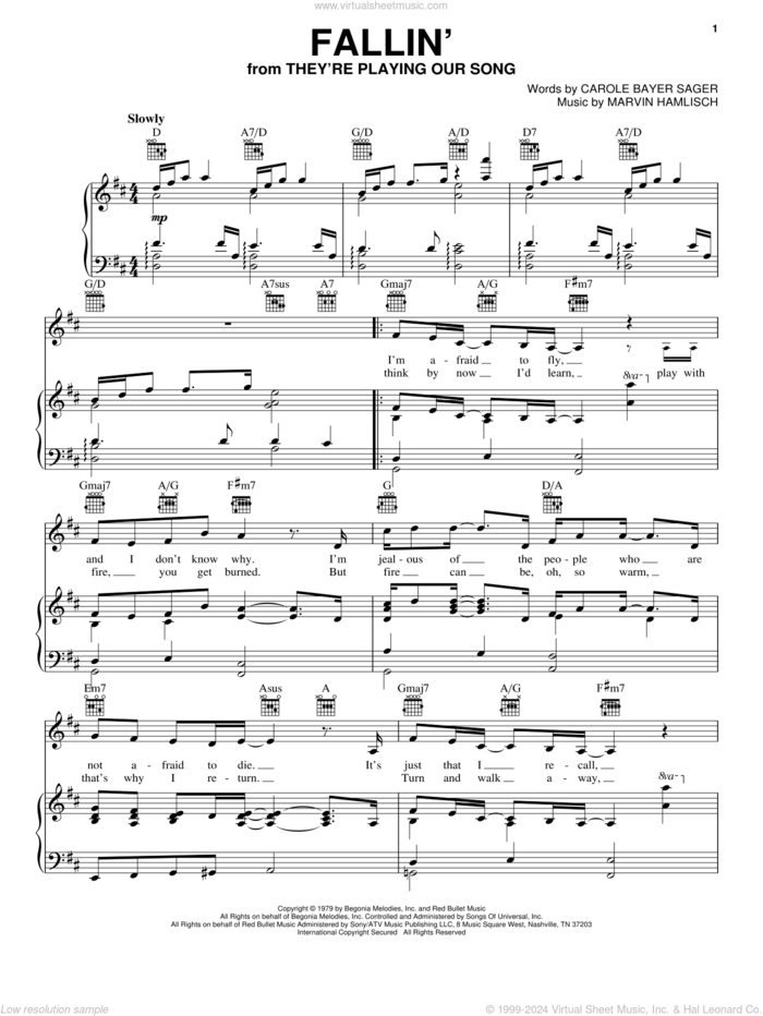 Fallin' sheet music for voice, piano or guitar by Marvin Hamlisch and Carole Bayer Sager, intermediate skill level