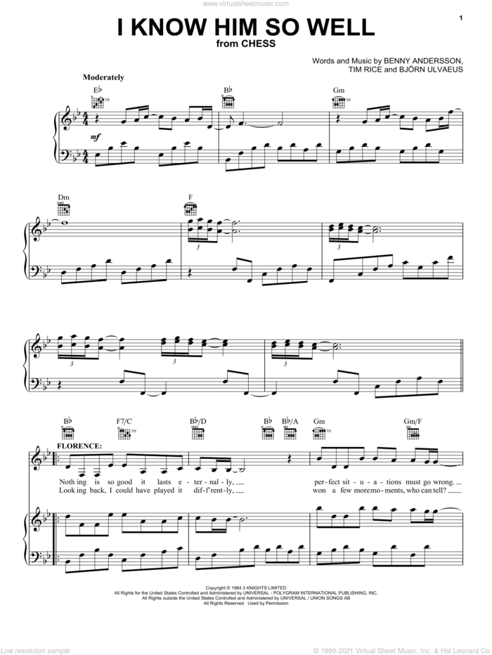 I Know Him So Well (from Chess) sheet music for voice, piano or guitar by Benny Andersson, Benny Andersson and Tim Rice and Bjorn Ulvaeus, Bjorn Ulvaeus, Miscellaneous and Tim Rice, intermediate skill level
