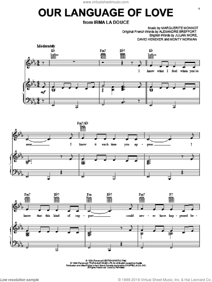 Our Language Of Love sheet music for voice, piano or guitar by Julian More, Alexandre Breffort, David Heneker, Marguerite Monnot and Monty Norman, intermediate skill level