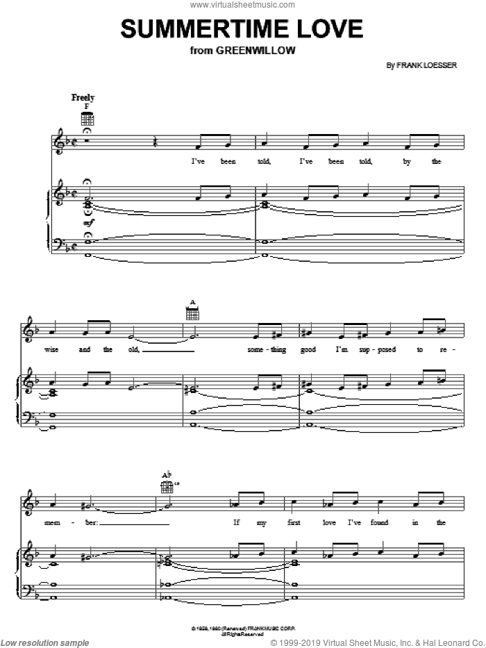 Summertime Love sheet music for voice, piano or guitar by Frank Loesser, intermediate skill level