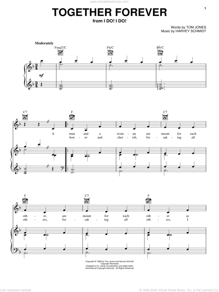 Together Forever sheet music for voice, piano or guitar by Tom Jones and Harvey Schmidt, intermediate skill level