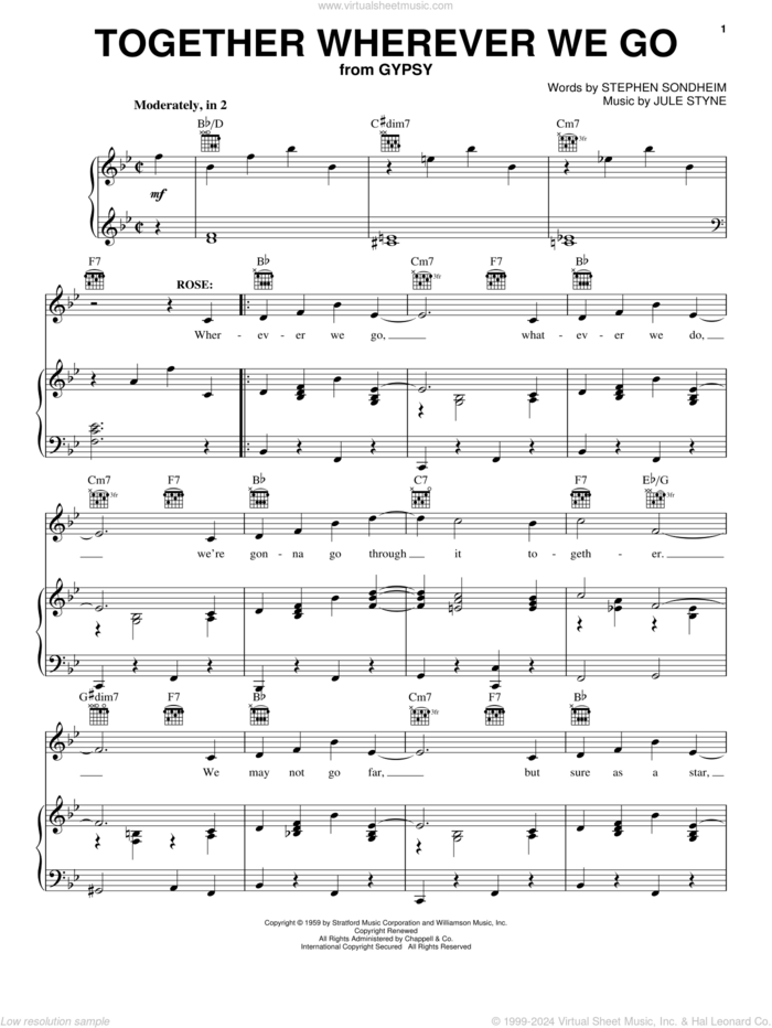 Together Wherever We Go sheet music for voice, piano or guitar by Stephen Sondheim and Jule Styne, intermediate skill level