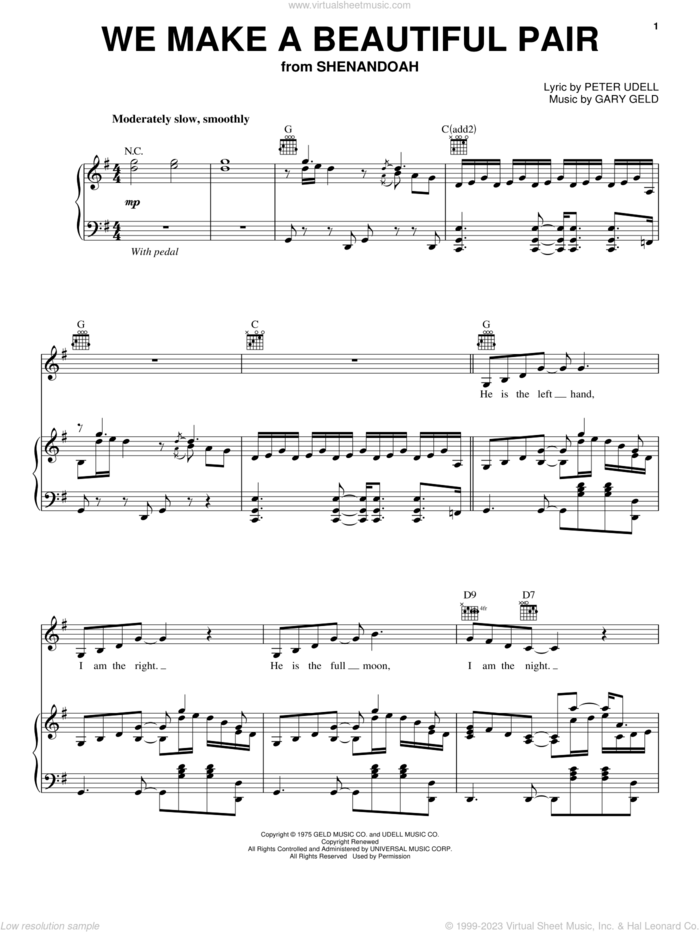 We Make A Beautiful Pair sheet music for voice, piano or guitar by Peter Udell and Gary Geld, intermediate skill level