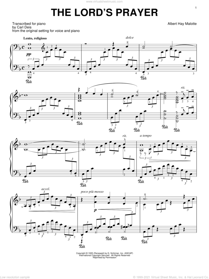 The Lord's Prayer sheet music for piano solo by Albert H. Malotte and John Charles Thomas, wedding score, intermediate skill level
