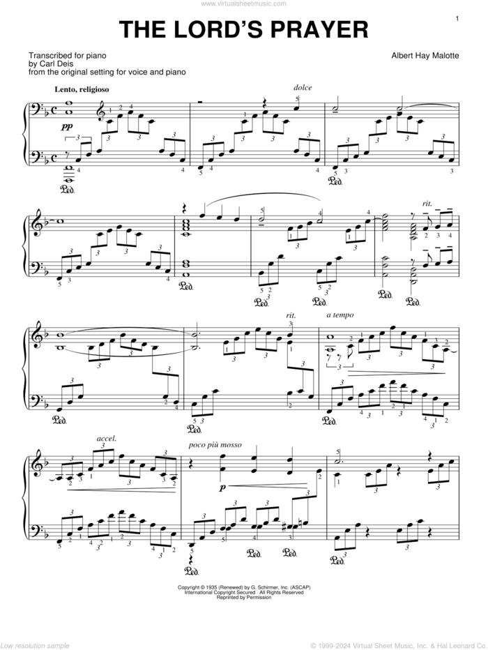 The Lord's Prayer sheet music for piano solo by Albert H. Malotte and John Charles Thomas, wedding score, intermediate skill level