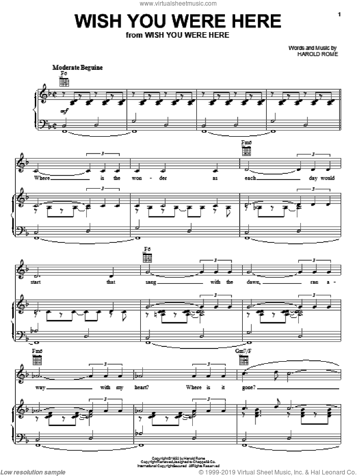 Wish You Were Here sheet music for voice, piano or guitar by Harold Rome, intermediate skill level