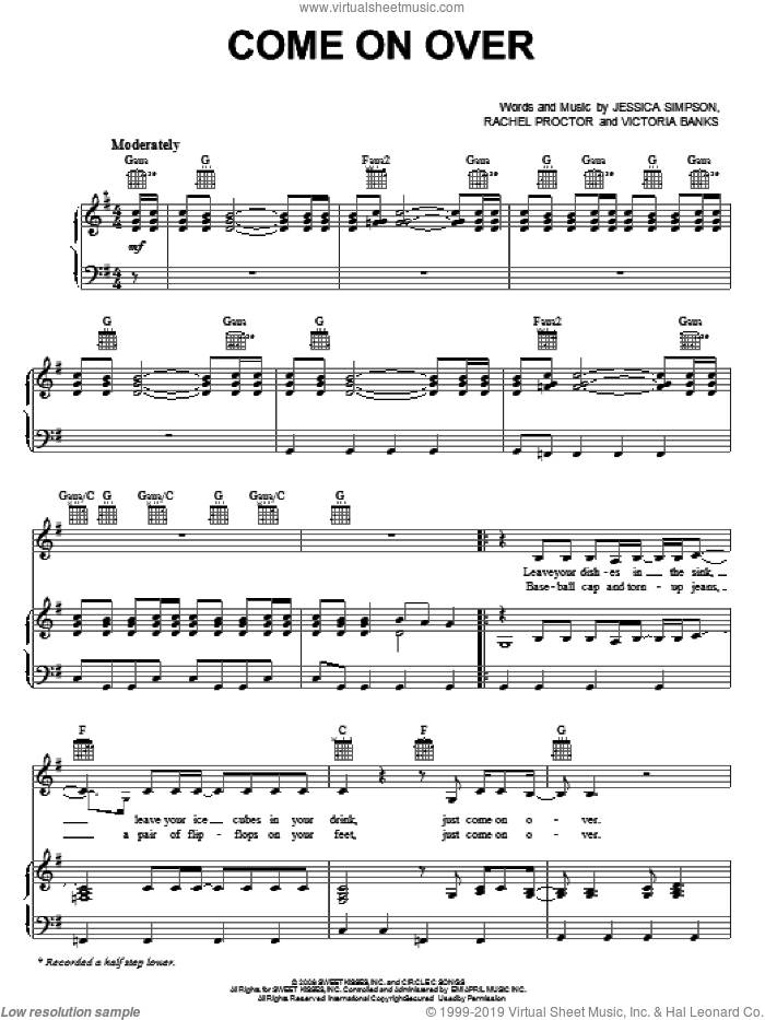 Come On Over sheet music for voice, piano or guitar by Jessica Simpson, Rachel Proctor and Victoria Banks, intermediate skill level