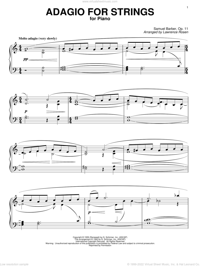 Adagio For Strings sheet music for piano solo by Samuel Barber, classical score, intermediate skill level