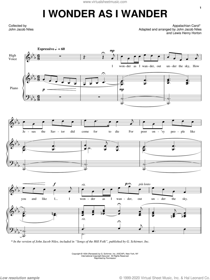 I Wonder As I Wander sheet music for voice and piano by John Jacob Niles, intermediate skill level