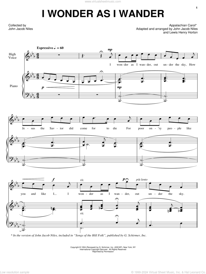 I Wonder As I Wander sheet music for voice and piano by John Jacob Niles, intermediate skill level