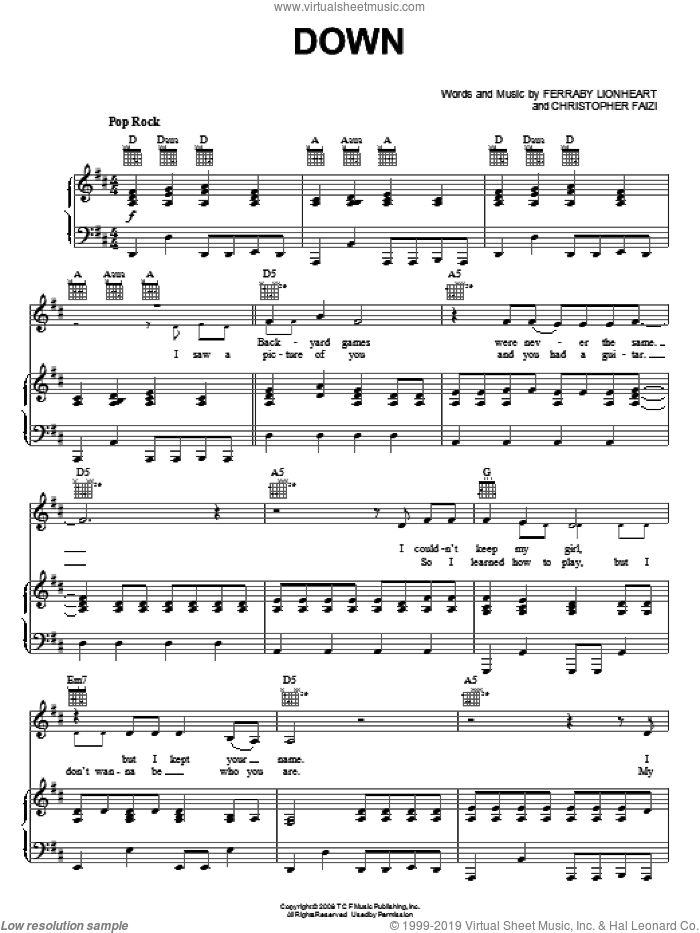 Down sheet music for voice, piano or guitar by Teddy Geiger, The Rocker (Movie), Christopher Faizi and Ferraby Lionheart, intermediate skill level
