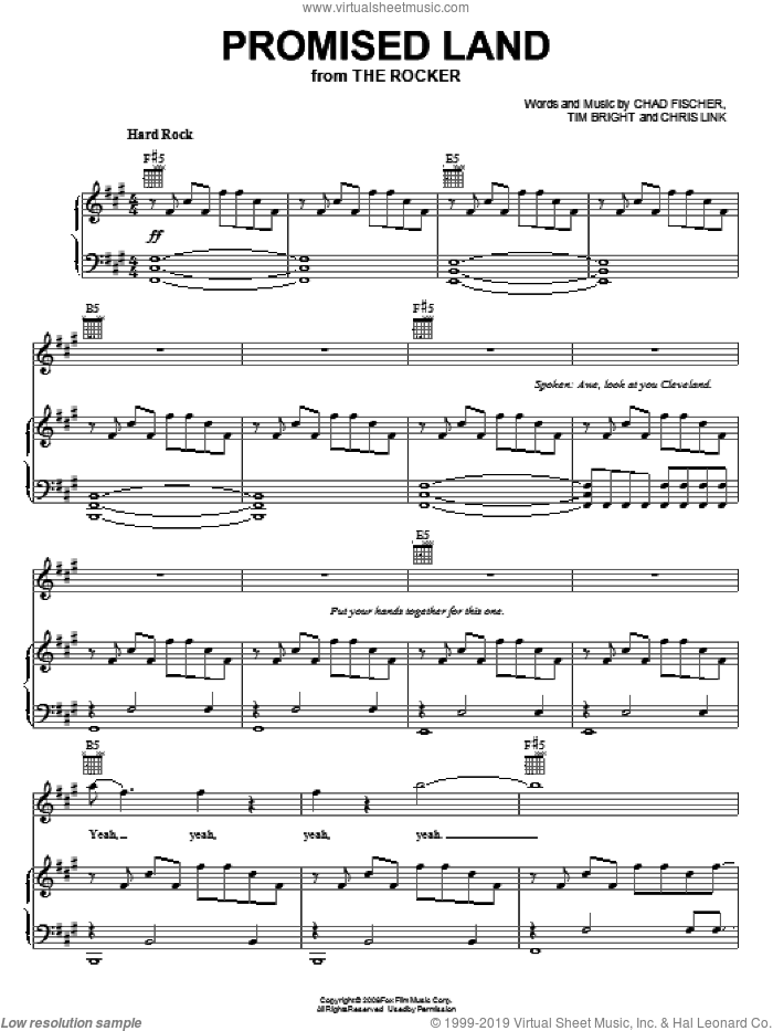 Promised Land sheet music for voice, piano or guitar by Vesuvius, The Rocker (Movie), Chad Fischer, Chris Link and Tim Bright, intermediate skill level