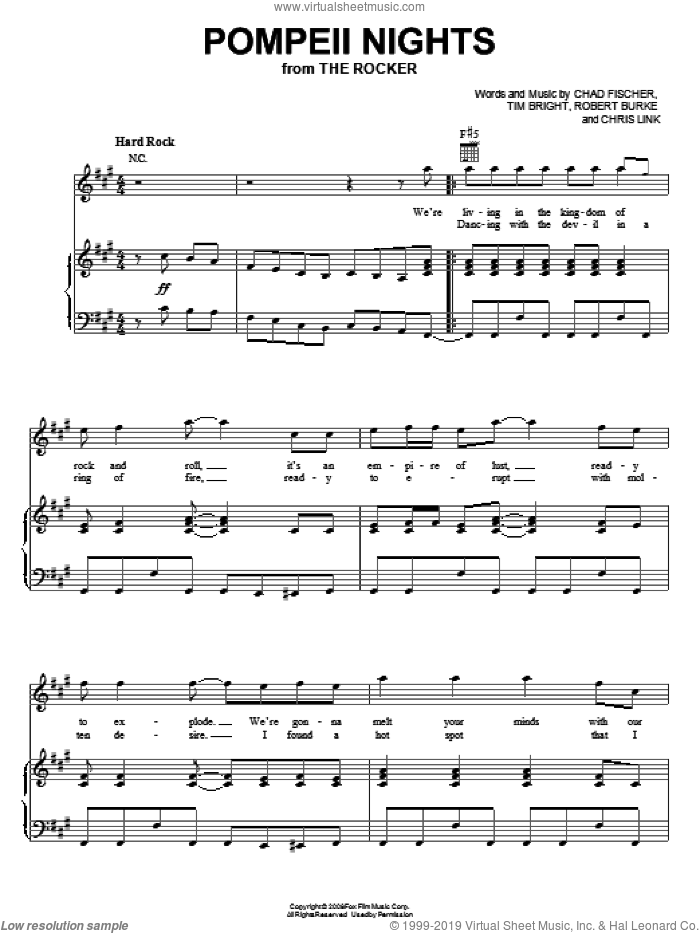 Pompeii Nights sheet music for voice, piano or guitar by Vesuvius, The Rocker (Movie), Chad Fischer, Chris Link, Robert Burke and Tim Bright, intermediate skill level
