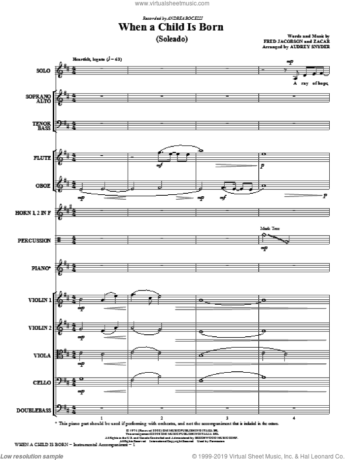 When A Child Is Born (Soleado) (COMPLETE) sheet music for orchestra/band (chamber ensemble) by Audrey Snyder, Fred Jacobson, Zacar and Andrea Bocelli, intermediate skill level