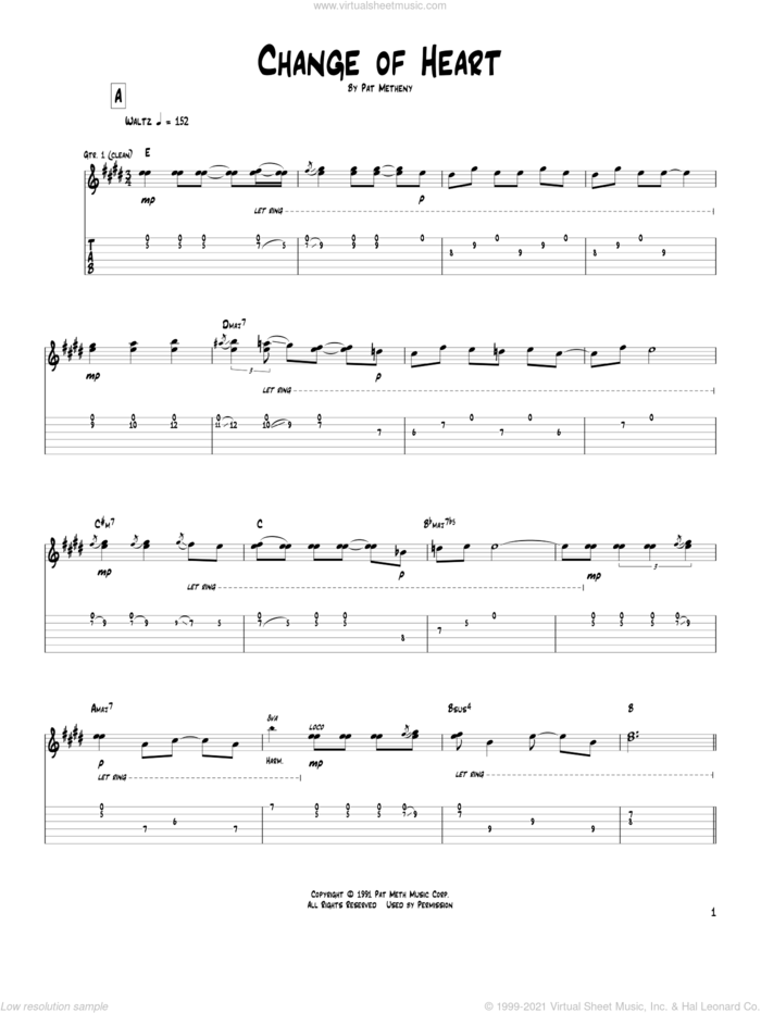 Change Of Heart sheet music for guitar (tablature) by Pat Metheny, intermediate skill level