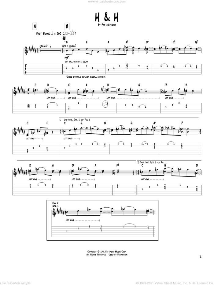 H and H sheet music for guitar (tablature) by Pat Metheny, intermediate skill level