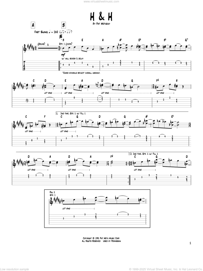 H and H sheet music for guitar (tablature) by Pat Metheny, intermediate skill level