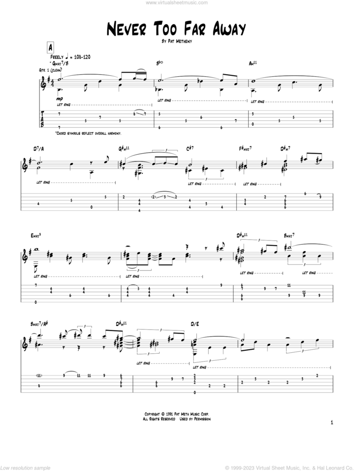Never Too Far Away sheet music for guitar (tablature) by Pat Metheny, intermediate skill level