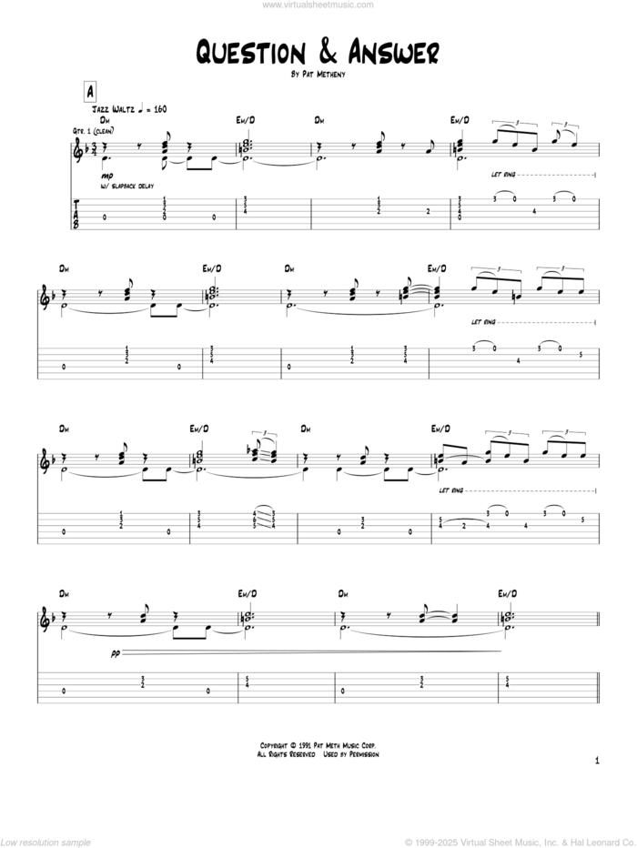 Question and Answer sheet music for guitar (tablature) by Pat Metheny, intermediate skill level