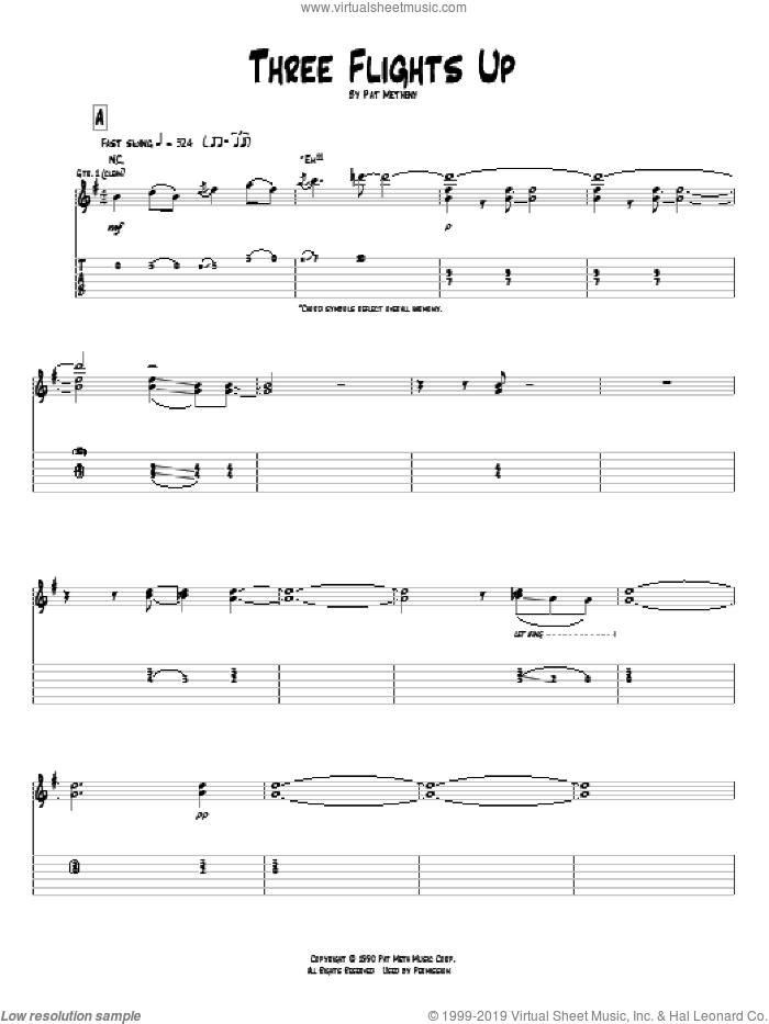 Three Flights Up sheet music for guitar (tablature) by Pat Metheny, intermediate skill level