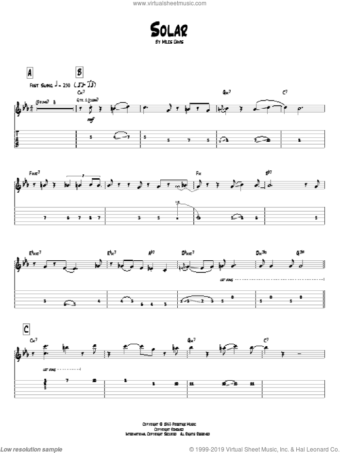 Solar sheet music for guitar (tablature) by Pat Metheny and Miles Davis, intermediate skill level