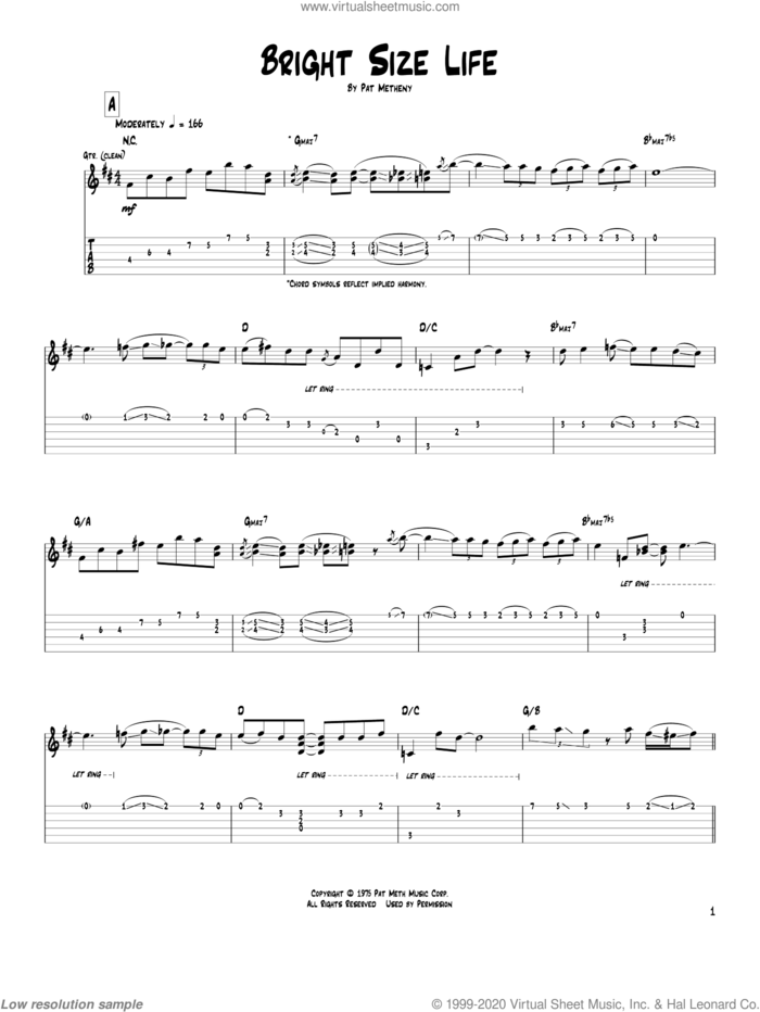 Bright Size Life sheet music for guitar (tablature) by Pat Metheny, intermediate skill level