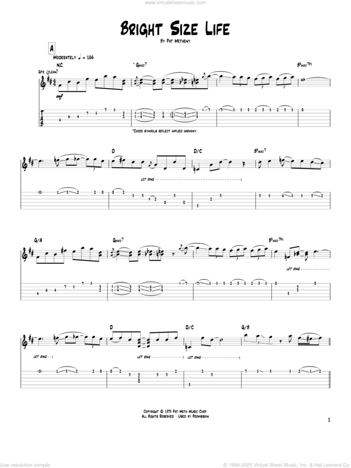 Bright Size Life sheet music for guitar (tablature) by Pat Metheny, intermediate skill level