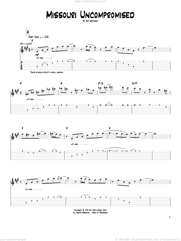 Missouri Uncompromised sheet music for guitar (tablature) by Pat Metheny, intermediate skill level