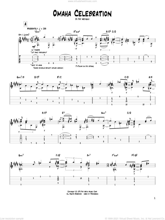 Omaha Celebration sheet music for guitar (tablature) by Pat Metheny, intermediate skill level