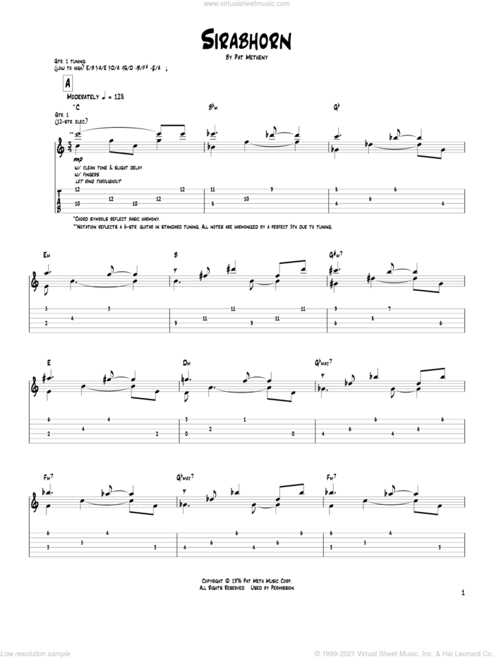 Sirabhorn sheet music for guitar (tablature) by Pat Metheny, intermediate skill level