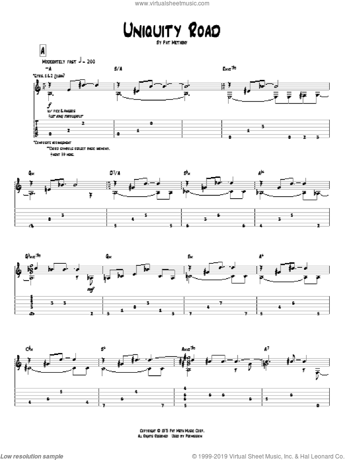 Uniquity Road sheet music for guitar (tablature) by Pat Metheny, intermediate skill level