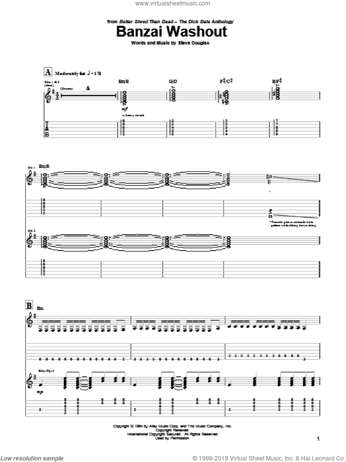 Banzai Washout sheet music for guitar (tablature) by Dick Dale and Steve Douglas, intermediate skill level