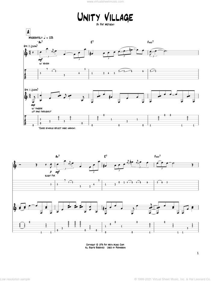 Unity Village sheet music for guitar (tablature) by Pat Metheny, intermediate skill level