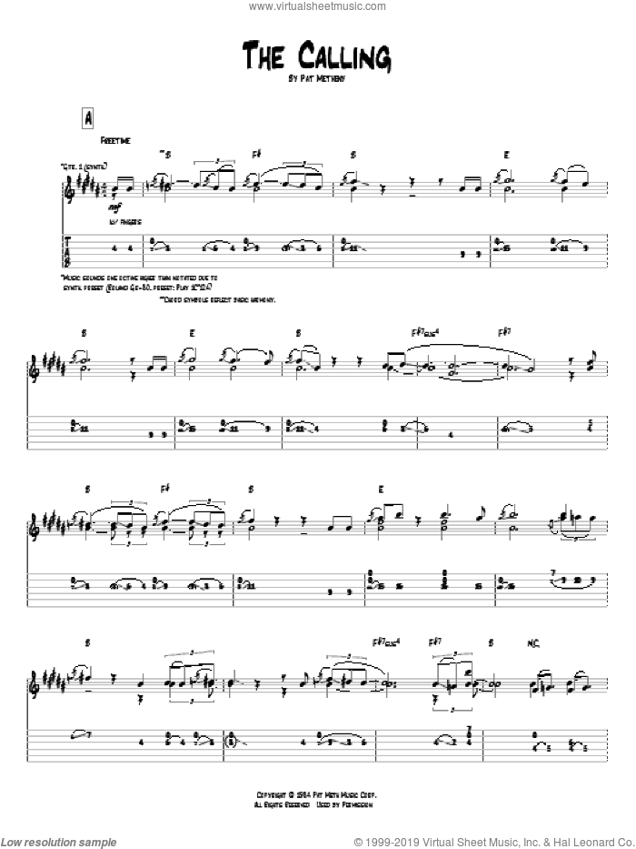 The Calling sheet music for guitar (tablature) by Pat Metheny, intermediate skill level