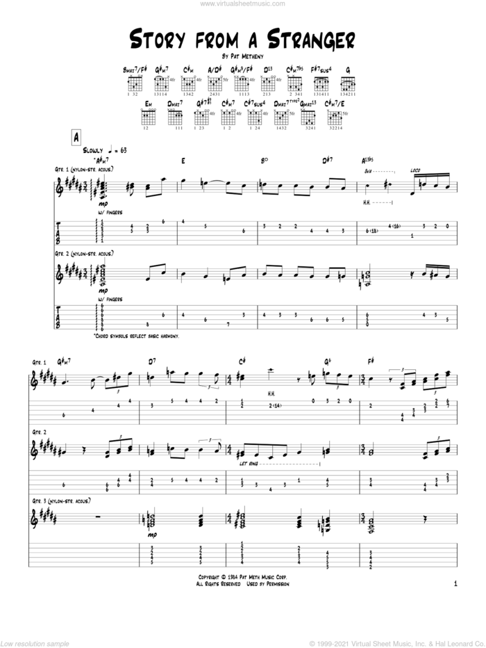 Story From A Stranger sheet music for guitar (tablature) by Pat Metheny, intermediate skill level