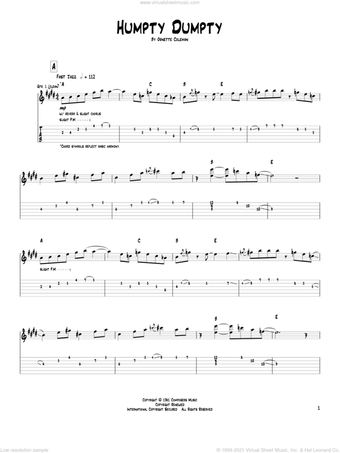 Humpty Dumpty sheet music for guitar (tablature) by Pat Metheny and Ornette Coleman, intermediate skill level