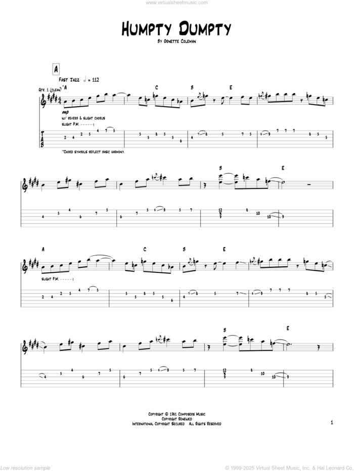 Humpty Dumpty sheet music for guitar (tablature) by Pat Metheny and Ornette Coleman, intermediate skill level