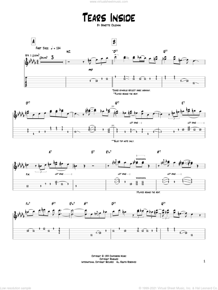 Tears Inside sheet music for guitar (tablature) by Pat Metheny and Ornette Coleman, intermediate skill level