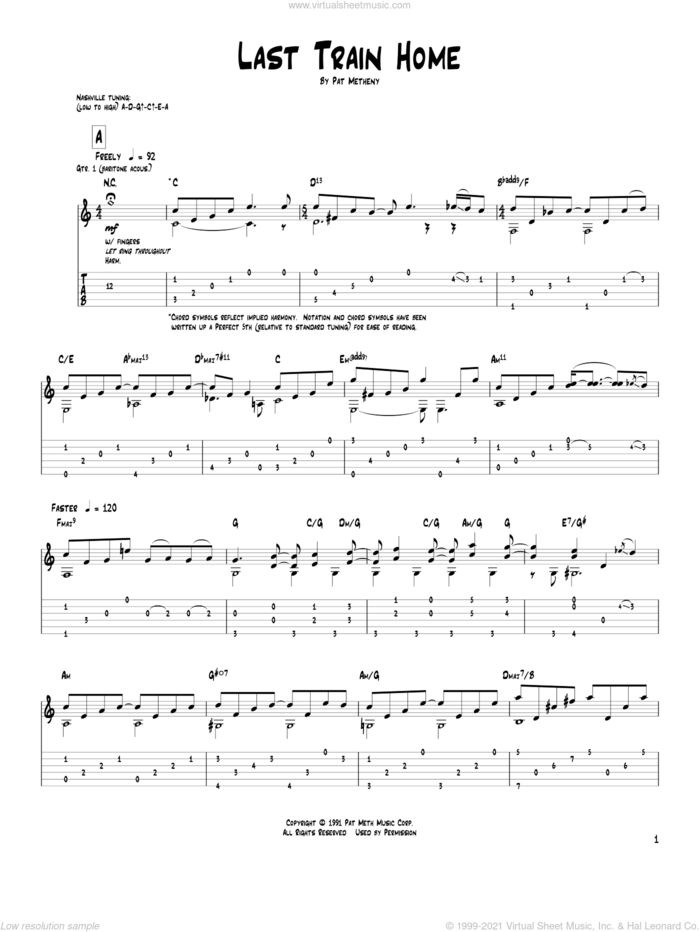 Last Train Home sheet music for guitar (tablature) by Pat Metheny, intermediate skill level