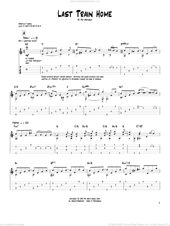 Last Train Home sheet music for guitar (tablature) by Pat Metheny, intermediate skill level