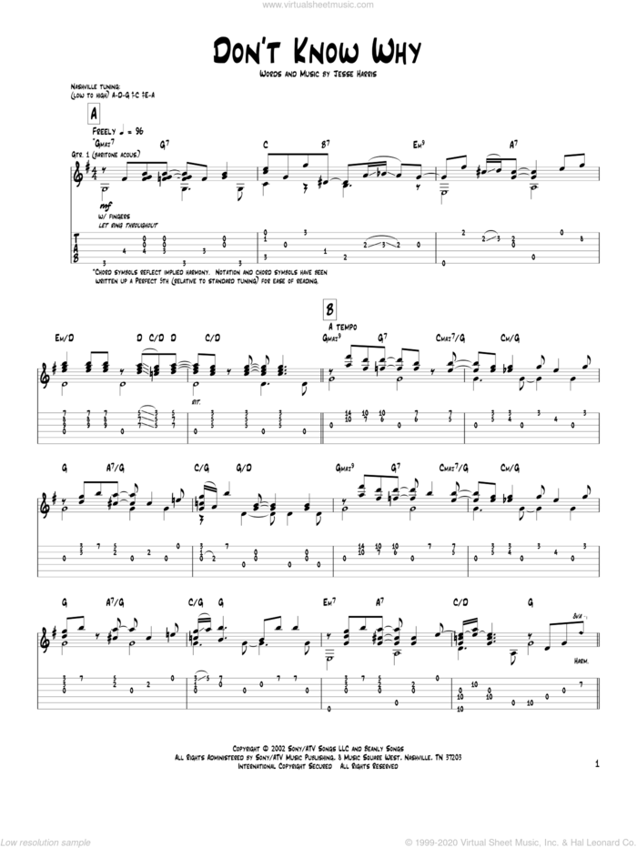 Don't Know Why sheet music for guitar (tablature) by Pat Metheny, Norah Jones and Jesse Harris, intermediate skill level
