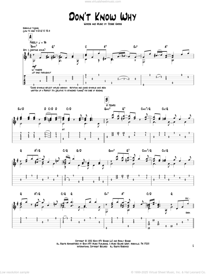 Don't Know Why sheet music for guitar (tablature) by Pat Metheny, Norah Jones and Jesse Harris, intermediate skill level