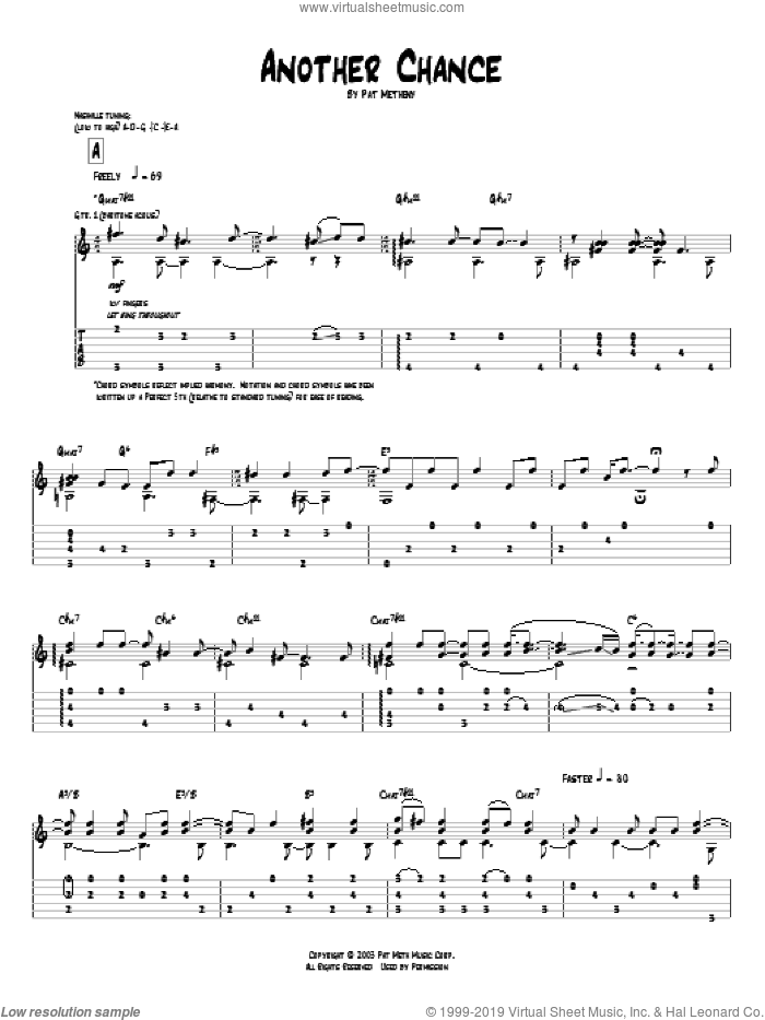 Another Chance sheet music for guitar (tablature) by Pat Metheny, intermediate skill level