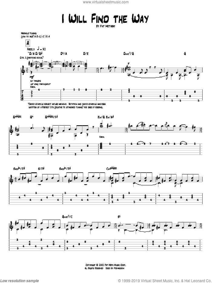 I Will Find The Way sheet music for guitar (tablature) by Pat Metheny, intermediate skill level